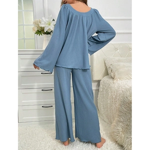 Blue waffle knit loungewear set for women with long sleeve top and loose trousers