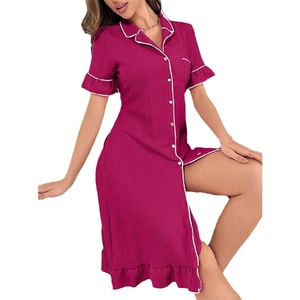 Women's pink short-sleeve nightdress with lapel collar and ruffle hem details
