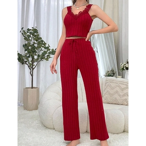 Women red knit loungewear set with lace trim camisole and drawstring trousers