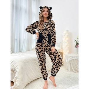 Pyjama une pièce léopard pour femme en polaire corail épaisse et chaude avec capuche zippée