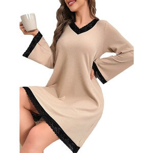 Elegant beige long sleeve sleepwear dress with V-neck and black lace trim detailing