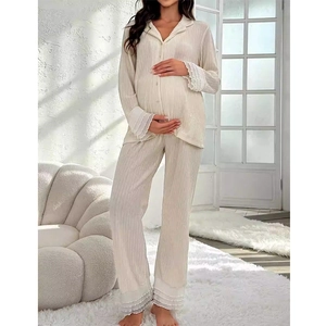 Women Maternity Pleated Top And Bottom Pajama Patchwork Lace Lapel Long Sleeve Homewear Comfortable Soft Nightwear