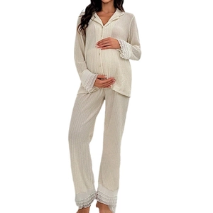 Cream lace trim maternity pajama set with pleated texture and button-up long sleeve top