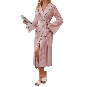 Pink striped long sleeve bathrobe with V-neck, black trim and belted waist for women