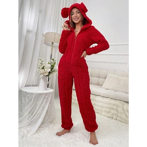 Cosy red fuzzy hooded onesie with cute bear ears and front zipper closure for winter