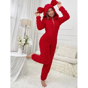 Red hooded fuzzy jumpsuit sleepwear with animal ears and warm fleece texture