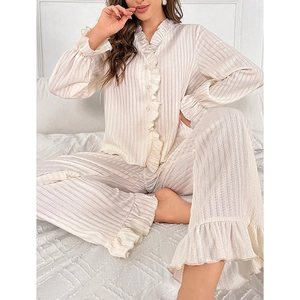 Elegant cream ruffled pajama set with V-neck long sleeve cardigan and striped texture