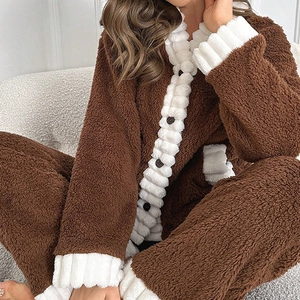 Brown and white patchwork warm fleece pajama set with V-neck button-up top and long pants