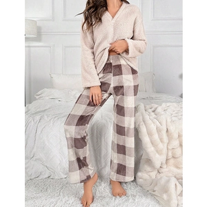 Women's coral fleece pajamas set featuring a V-neck top and checkered plaid lounge pants