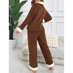 Women warm plush pajama set with V-neck long sleeves and contrast color stitching