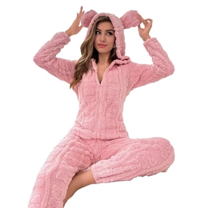 Pink hooded fleece jumpsuit for women with bear patterns and cute animal ears
