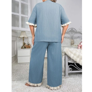 Women V-neck loungewear set with short sleeves and wide legs in grey-blue pleated fabric
