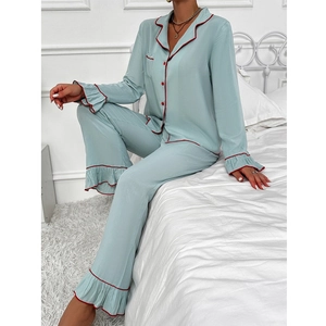 Pyjama Femme Avec Bordure Contrastée Haut à Manches Longues à Volants Et Pantalon Bleu Menthe Vêtements de Nuit