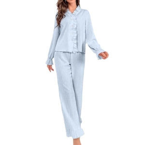 Light blue ruffle trim lounge set with long sleeves and ribbed texture pants for women