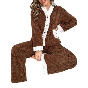 Women's warm plush V-neck pajama set in dark brown with contrasting white fleece trim