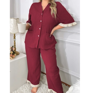 Women's burgundy V-neck pajama set with short sleeves, lace trim and ruffle details