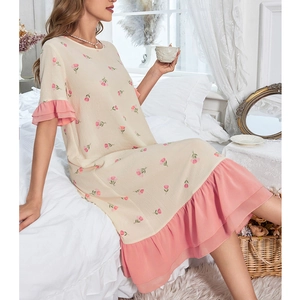 Women's round neck summer nightdress with pink tulip print and elegant ruffled edges