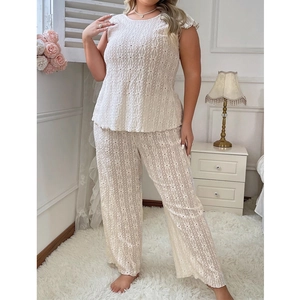 Women's white two-piece home set with floral hollow embroidery and wide-leg pants