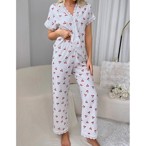 Women's V-neck cherry print pajama set with lace trim and waffle texture fabric