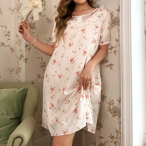 Sweet pink floral nightdress with lace collar and rose patterns for women