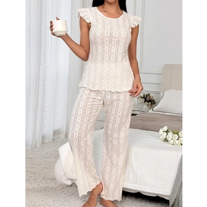 Elegant two-piece white lace loungewear set with floral embroidery for women