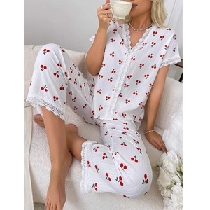 White cherry print pajama set with V-neck lace trim and short sleeves for summer home wear