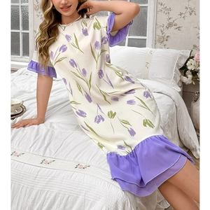 Women's milk white floral nightgown with purple tulip prints and chiffon ruffle edges