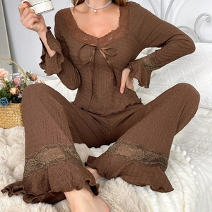 Brown square neck lace pajama set with flared sleeves and textured frill pants