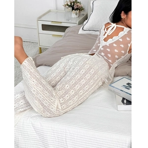 White lace loungewear set with heart mesh top and backless tie design for women