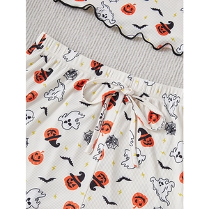 Women's Halloween pajama set with pumpkin ghost prints and ribbed lace-up details