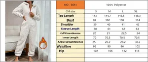 Size chart detail for white coral fleece hooded jumpsuit with measurement data