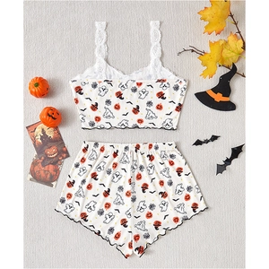 Lace camisole and shorts Halloween pajama set with pumpkin, ghost, and bat prints