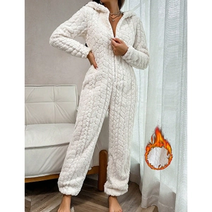 Plush white coral fleece hooded onesie for women with textured diamond pattern