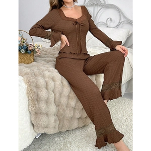 Women's brown square neck pajama set with lace bow, textured fabric and flared sleeves