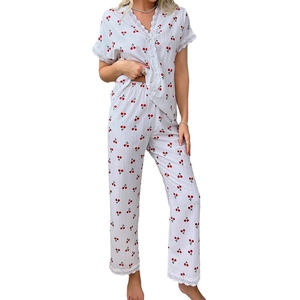 Women's two-piece cherry print pajama set with V-neck lace trim top and long pants