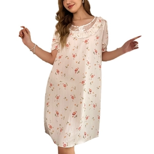 Floral lace trim nightdress with rose pattern and ruffled crew neck in beige