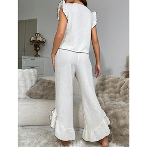 Damen Schlafanzug-Set mit V-Ausschnitt, weißem Spitzenbesatz und Rüschenhose