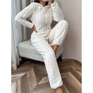 White heart-textured coral fleece hooded jumpsuit pajamas with front zipper closure