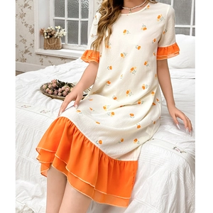 Women's floral print short sleeve nightdress with orange ruffled hem for home comfort