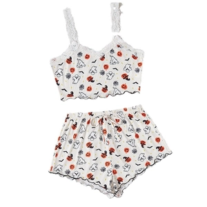 Women's 2-piece lace camisole and shorts set with Halloween pumpkin ghost pattern