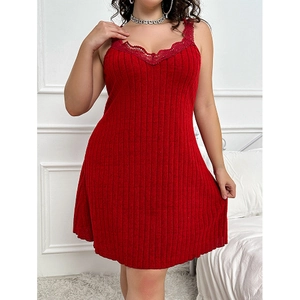 Women red knit rib sleepwear dress with lace V-neck and sleeveless strap design