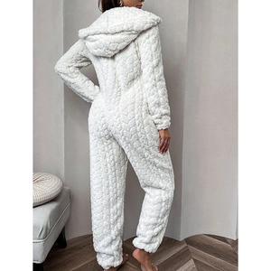 Back view of white hooded fleece jumpsuit with textured heart pattern pajamas for women