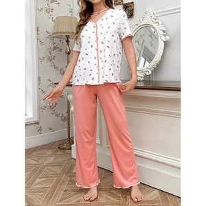 Women's V-neck cherry print short sleeve top and pink trousers pajama set for home