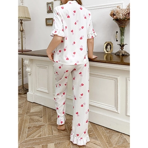 Women's heart print pajama set with short sleeve top and flare pants in white waffle fabric