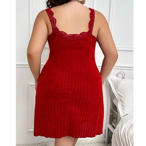 Red knit slip dress with lace trim and backless design for women home wear