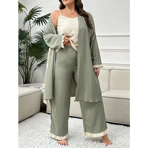 Women Plus Size 3 Piece Loungewear Set Sage Green Ruffle Trim Cardigan Camisole Top And Wide Leg Pants Pajama Set