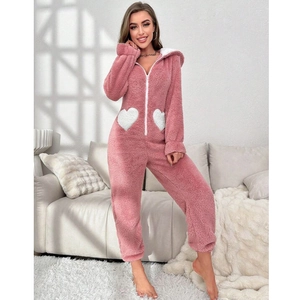 Pink coral fleece hooded jumpsuit with white heart pockets and zipper closure