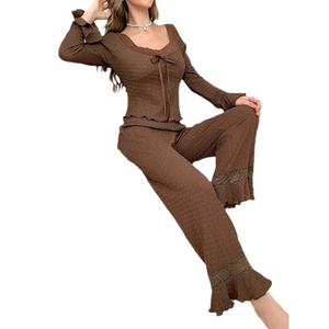 Women brown ribbed knit pajama set with square neck, lace trim and bow knot detail