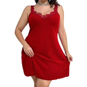 Red ribbed knit dress with V-neck lace trim and slim shoulder straps for women