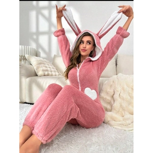 Pink coral fleece hooded jumpsuit pajamas with cute bunny ears and heart pattern design